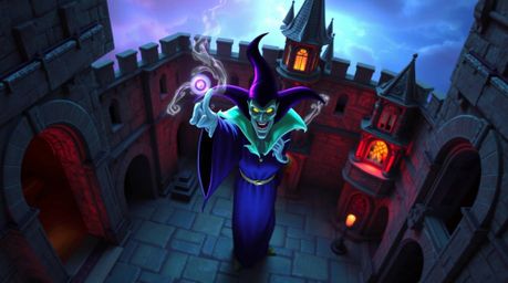 Experience a captivating high-angle perspective of a classic Disney villain conjuring a powerful spell within the ancient wal