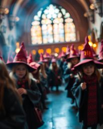 Immerse yourself in a magical school teeming with young wizards, captured with a captivating warm blurred bokeh effect. The i