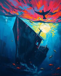 A captivating acrylic painting showcasing a dramatic underwater shipwreck scene, rendered in a cinematic style with bold colo