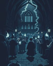 Explore a strong, moody style illustration depicting a magical school brimming with young wizards, characterized by low contr