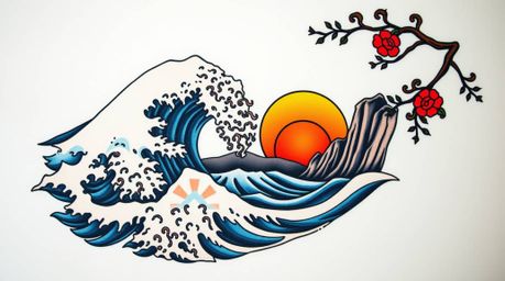 A vibrant retro-style tattoo design showcases waves crashing against cliffs at sunset.  The intricate artwork features comple