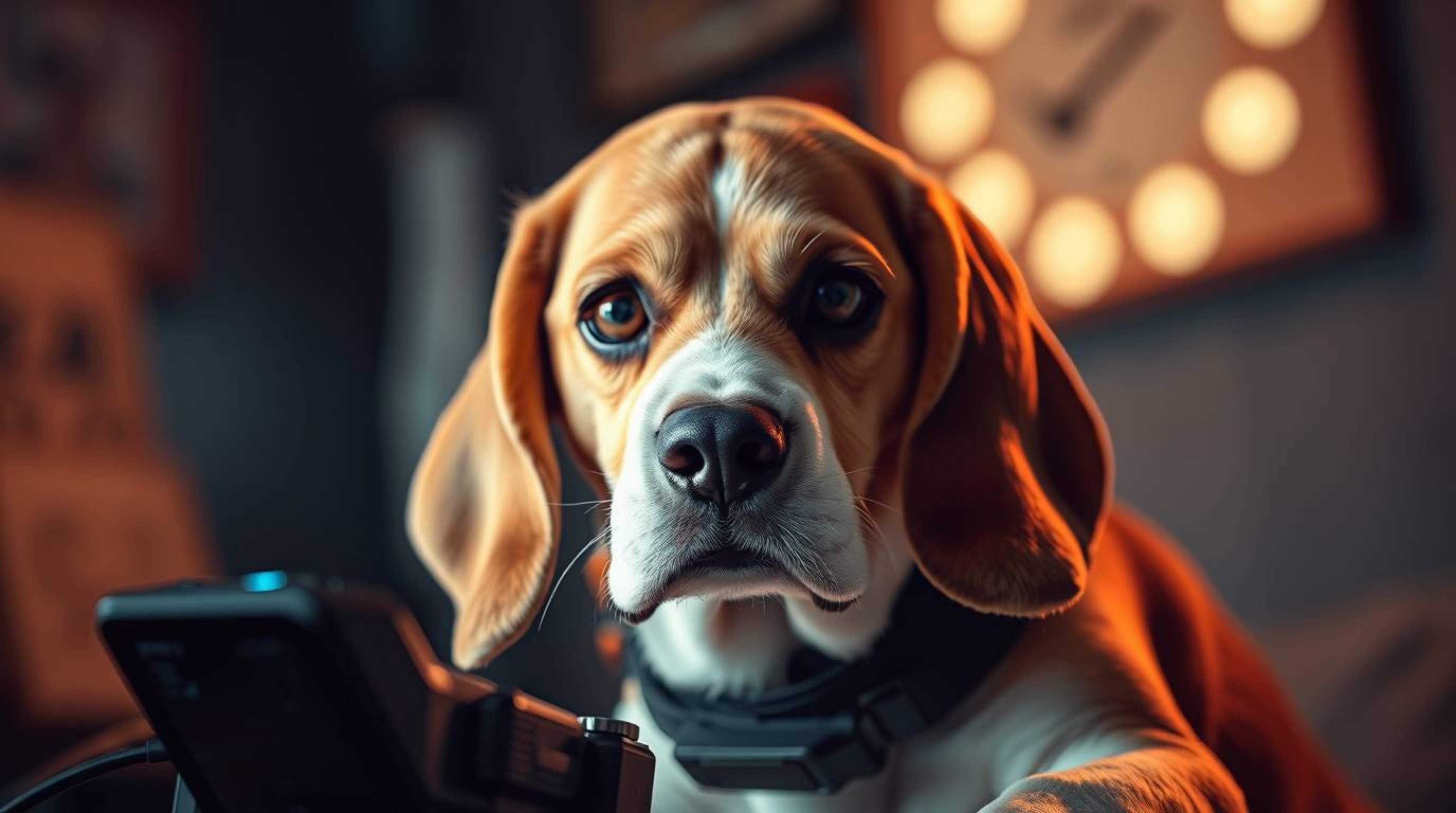 A pensive Beagle detective, with soulful brown and white fur, uses high-tech gadgets in a dramatic scene.  The image features