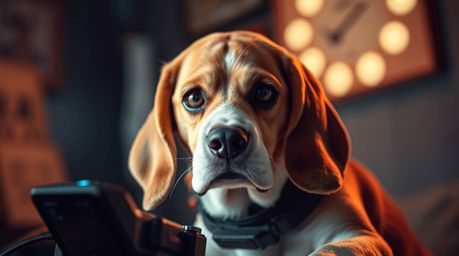 A pensive Beagle detective, with soulful brown and white fur, uses high-tech gadgets in a dramatic scene.  The image features