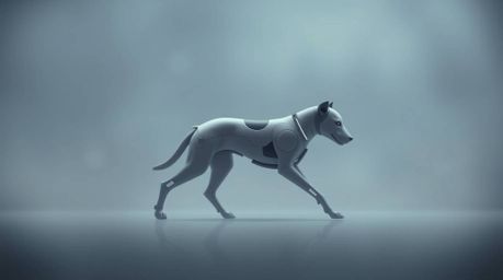 A captivating image of a futuristic dog autonomously traversing the cosmos.  Rendered in a modern flat design with a blurred 