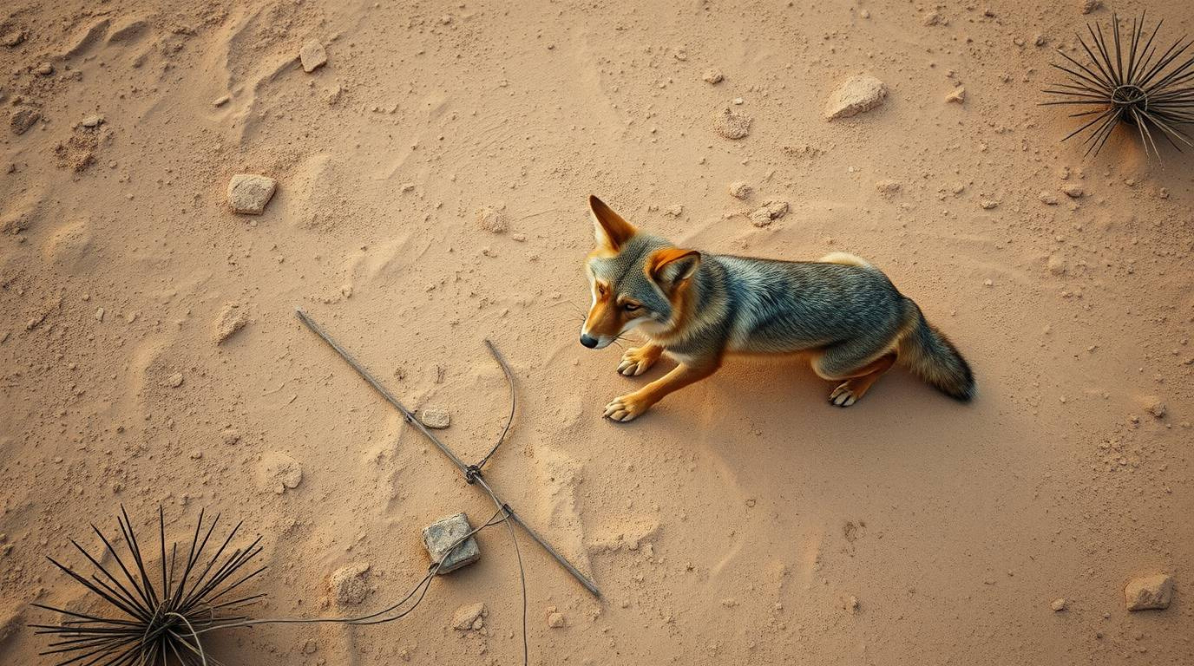 A professional fine art photograph captures a coyote setting up a ridiculous trap in the desert, viewed from an overhead pers