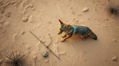 A professional fine art photograph captures a coyote setting up a ridiculous trap in the desert, viewed from an overhead pers