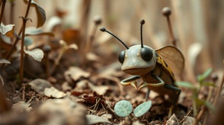A charming fine art photograph showcasing an adorable bug-sized hero venturing through an earth-toned backyard jungle. The im