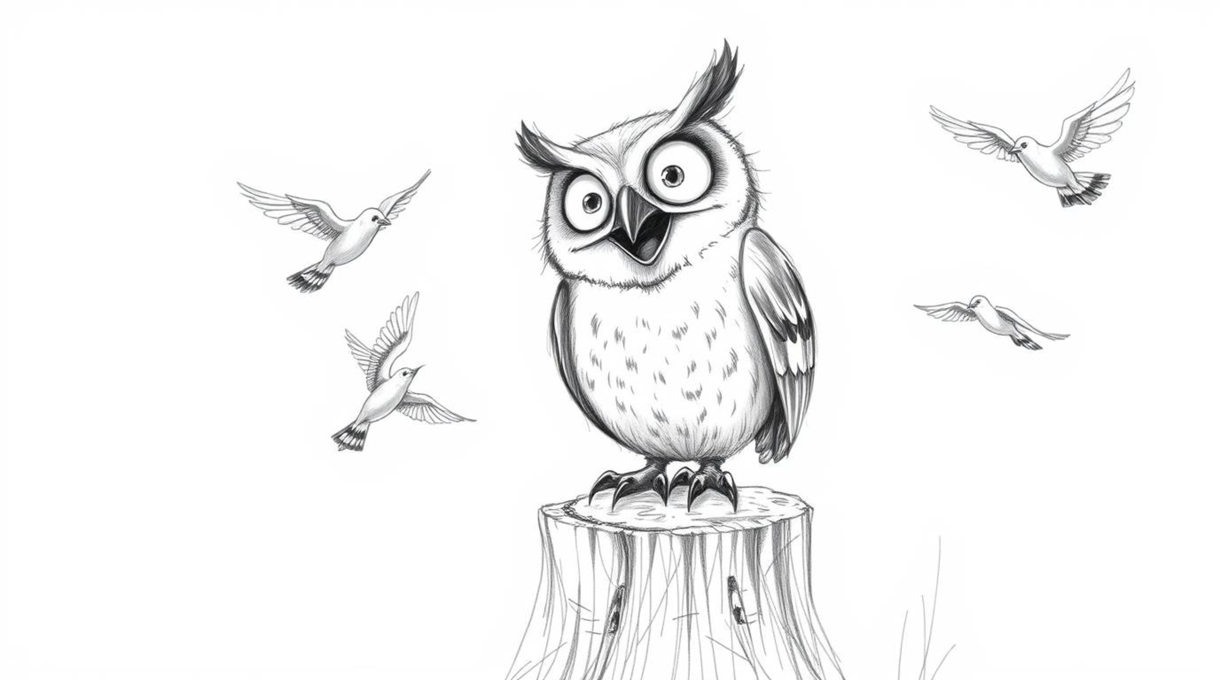 This heartwarming scene depicts a blind owl, rendered in a charming Pixar-esque style, perched on a weathered tree stump.  Wi