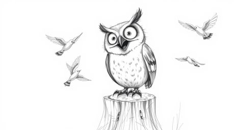 This heartwarming scene depicts a blind owl, rendered in a charming Pixar-esque style, perched on a weathered tree stump.  Wi