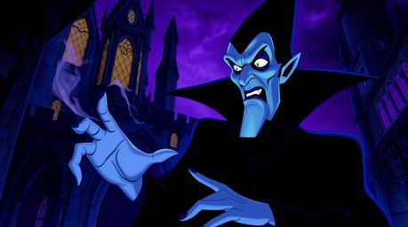 A classic Disney villain, with sharp features and pale skin, casts a spell within the confines of an ancient castle.  The ima