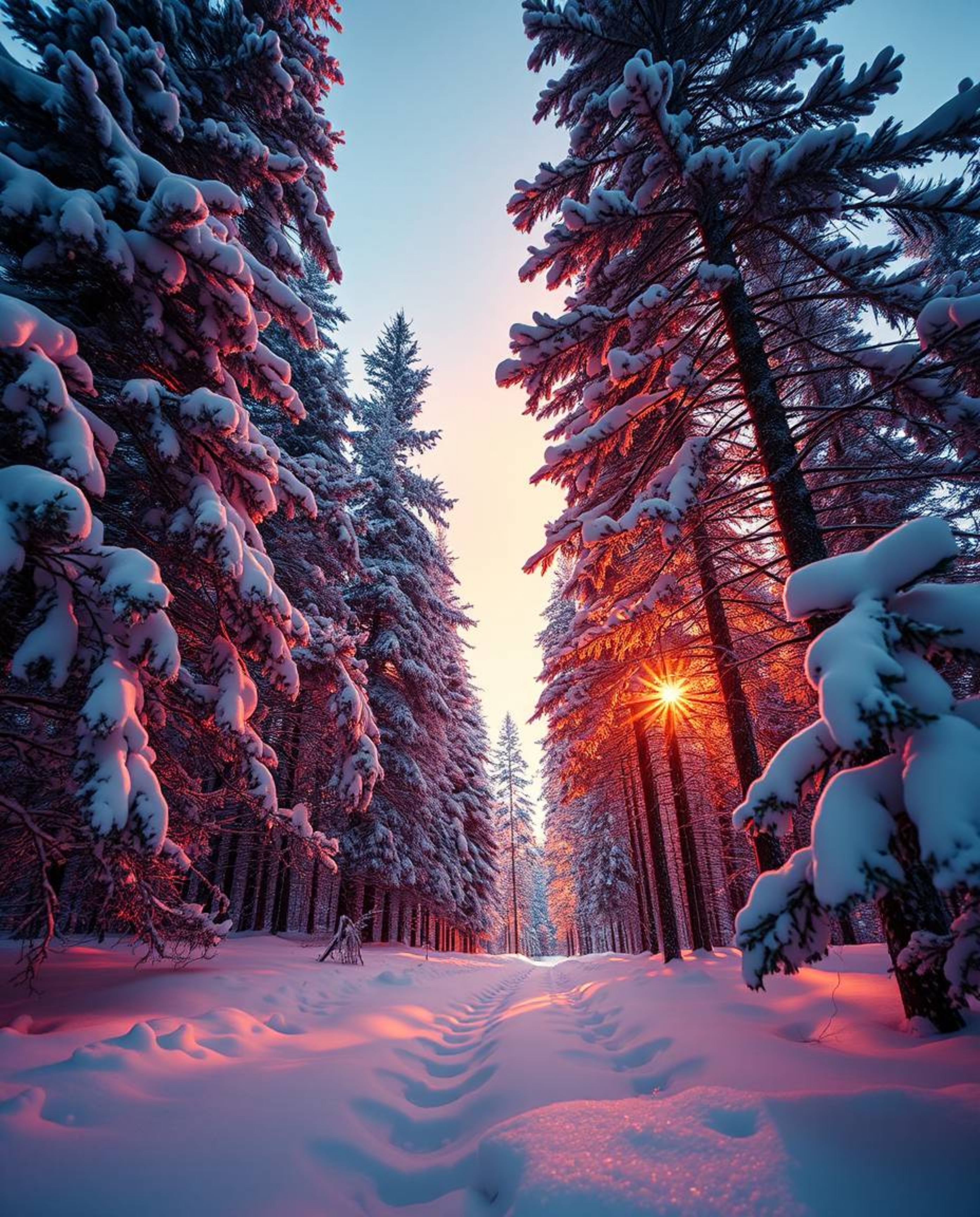 A low-angle perspective photograph captures sunset light sparkling on snowy pine trees, creating a mystic and enchanting envi