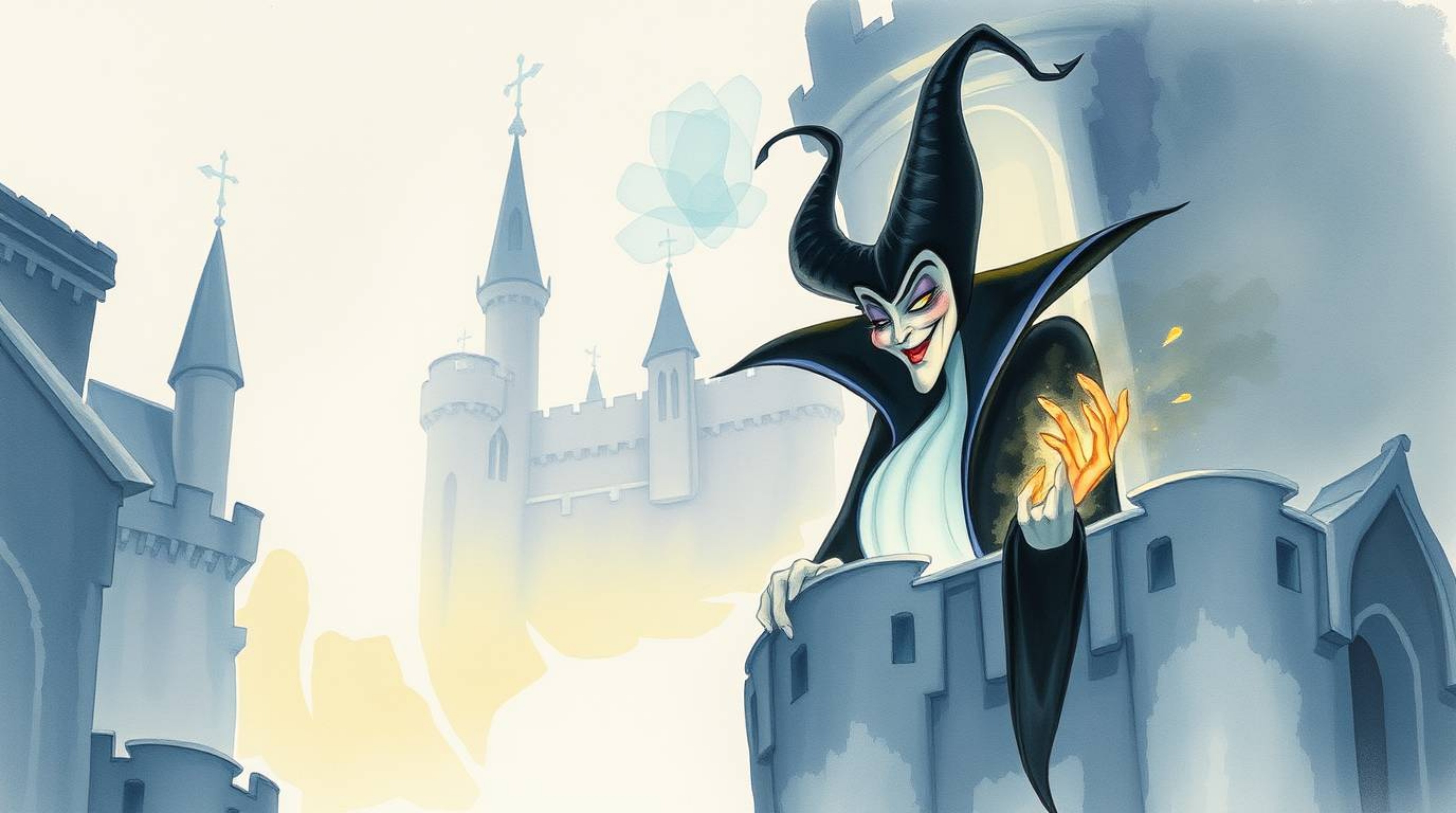 A captivating watercolor painting depicts a classic Disney villain casting a spell within an ancient castle. The artwork sho