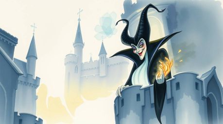 A captivating watercolor painting depicts a classic Disney villain casting a spell within an ancient castle. The artwork sho