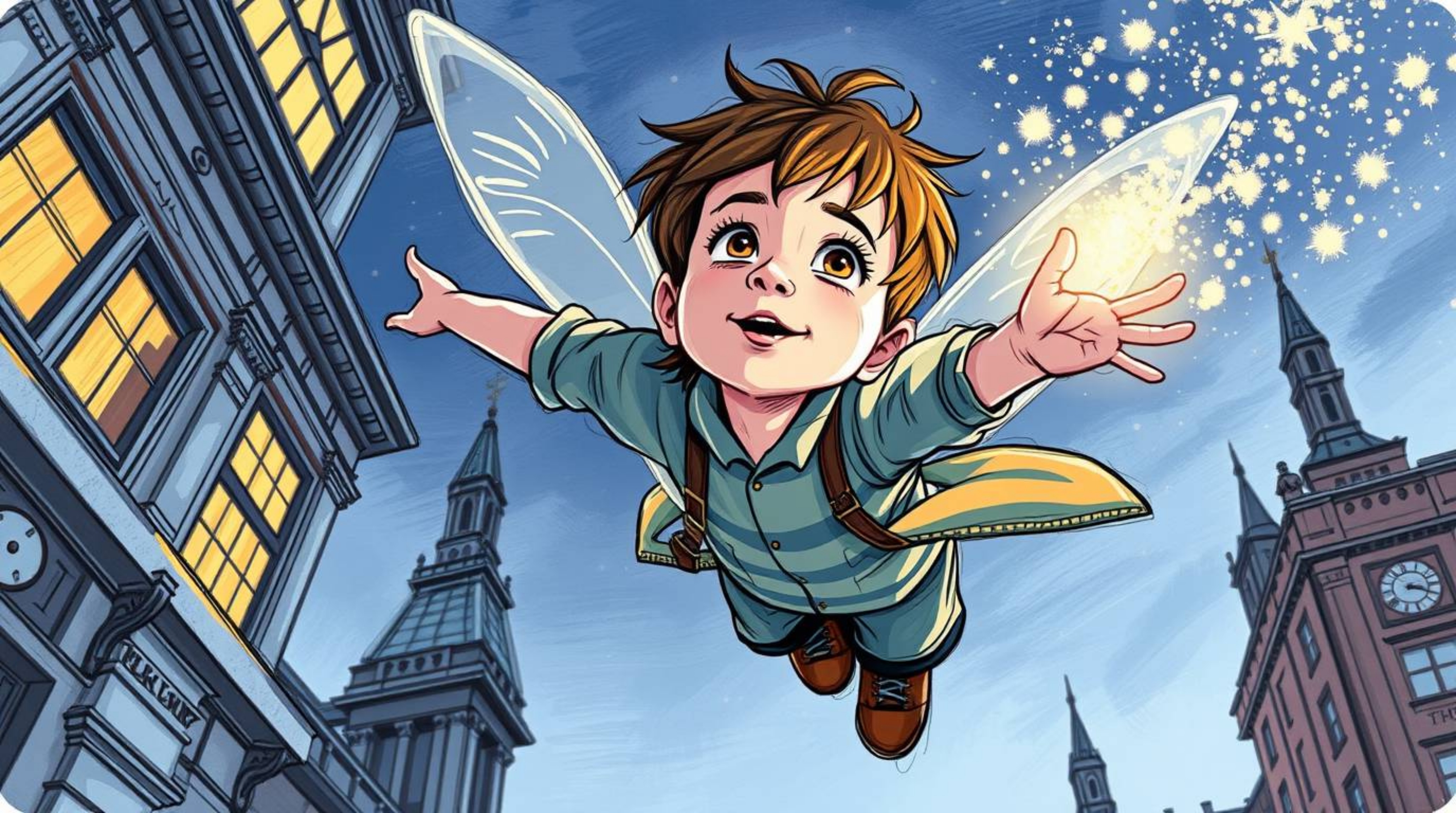 Experience the magic of a young boy soaring above London, powered by pixie dust, in this vibrant color sketchnote-style illus