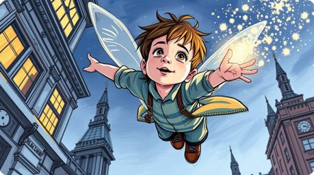 Experience the magic of a young boy soaring above London, powered by pixie dust, in this vibrant color sketchnote-style illus