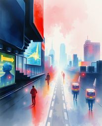 A captivating watercolor painting depicts a futuristic city in a dramatic glitch mode.  Flickering lights and broken hologram