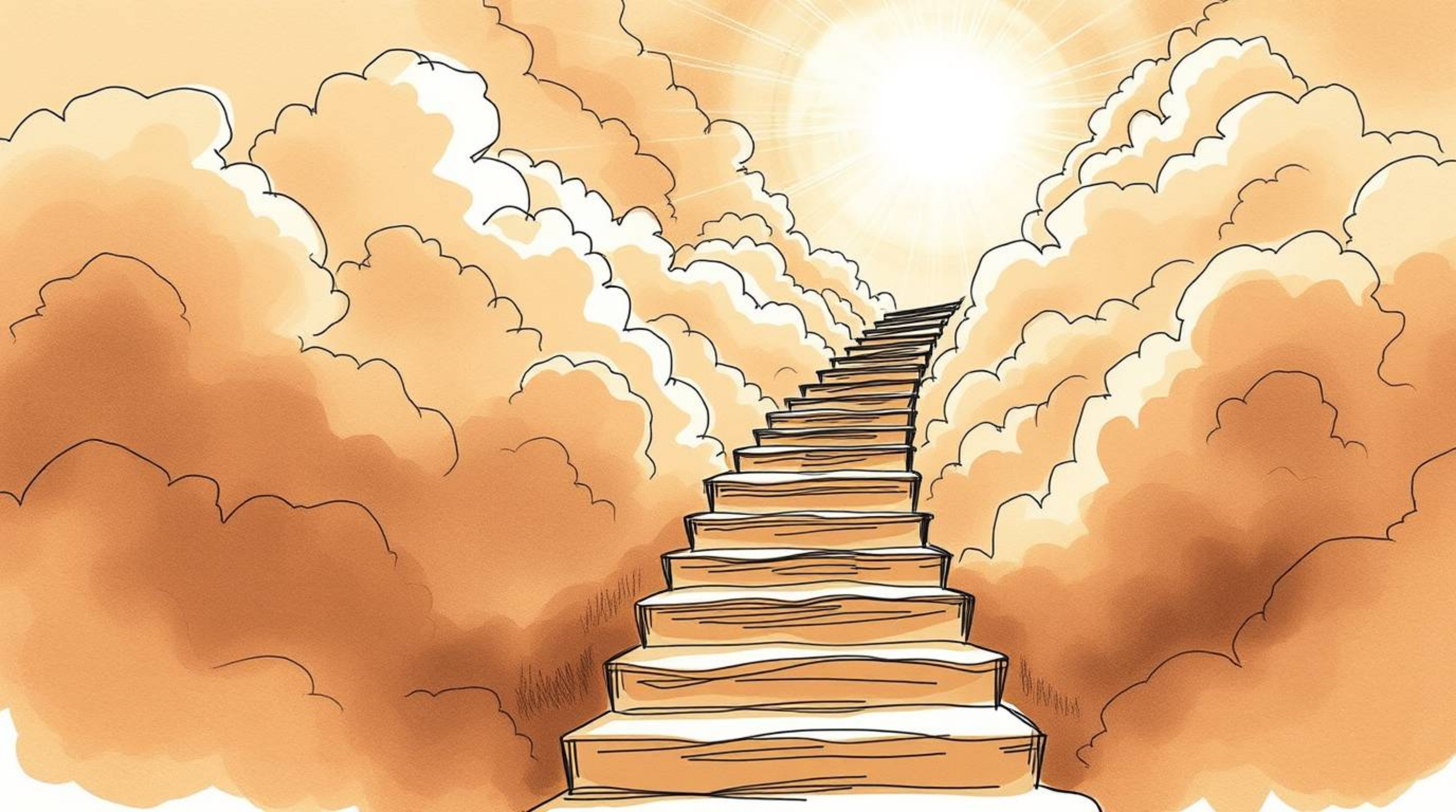 A captivating hand-drawn sketch depicts a surreal stairway winding through smoky clouds towards a radiant celestial light.  R