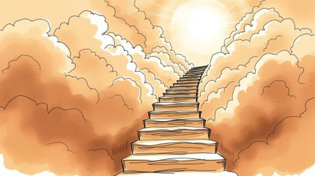 A captivating hand-drawn sketch depicts a surreal stairway winding through smoky clouds towards a radiant celestial light.  R