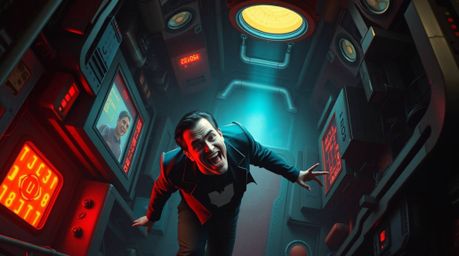 This captivating digital painting depicts a comedic breakdown of a villain in their high-tech lair from an overhead bird's-ey