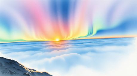 This delicate watercolor painting captures a breathtaking scene of the Northern Lights beginning to dance across a vibrant su