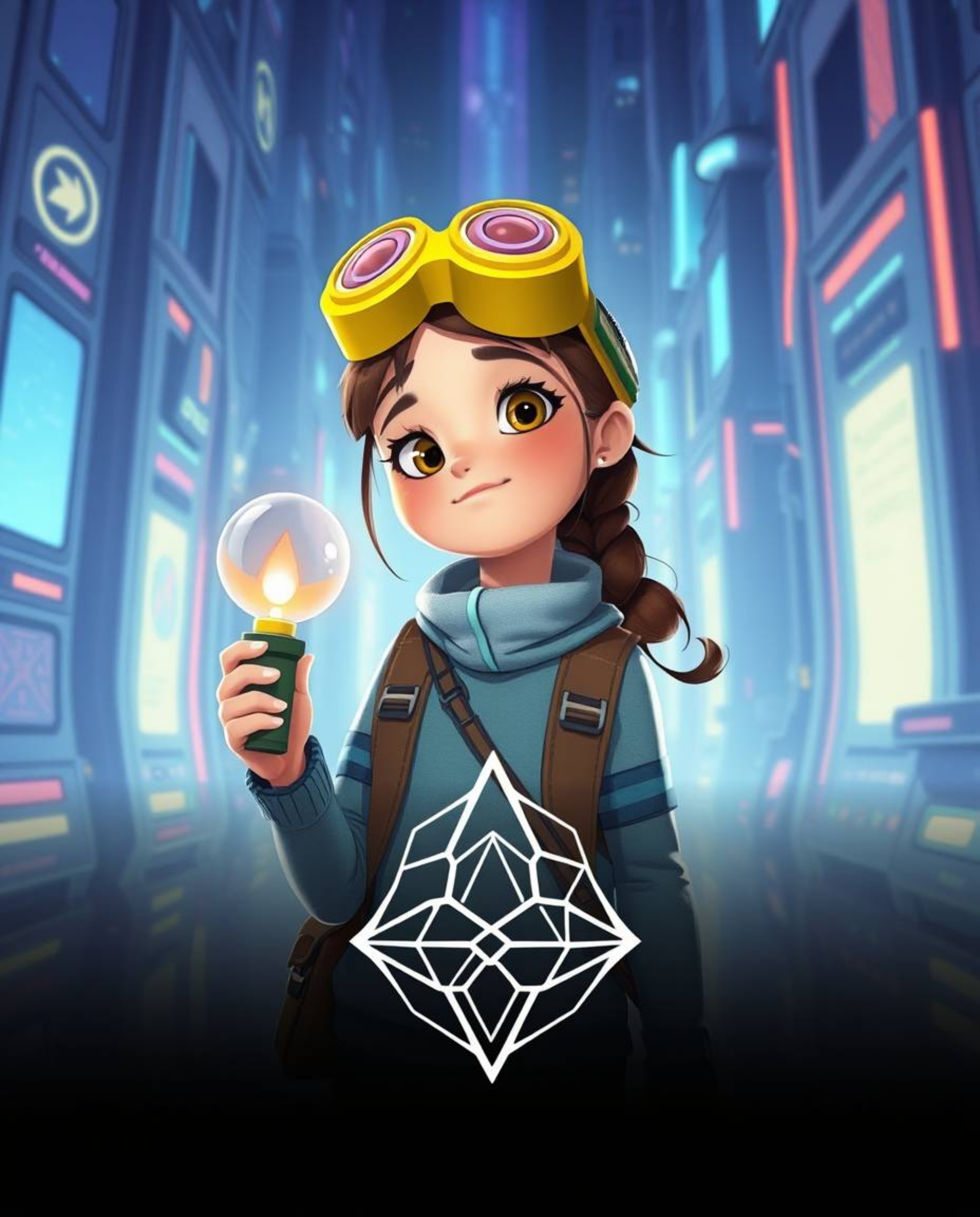 Discover a captivating image of a young inventor girl in a futuristic, Pixar-style city.  The scene features a geometric logo