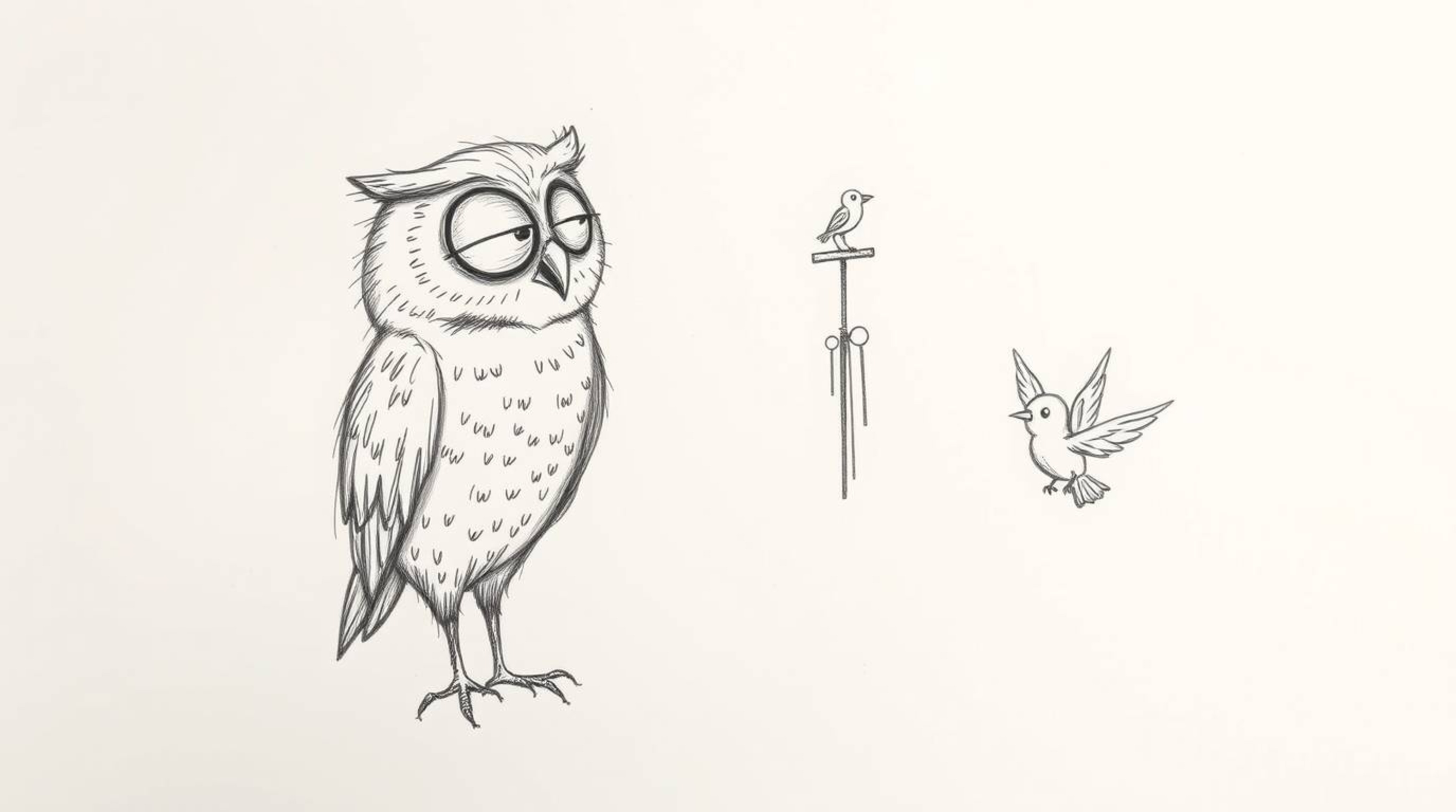 A heartwarming, hand-drawn sketch in the style of Pixar depicts a blind owl with soft, feathery textures, ingeniously teachin