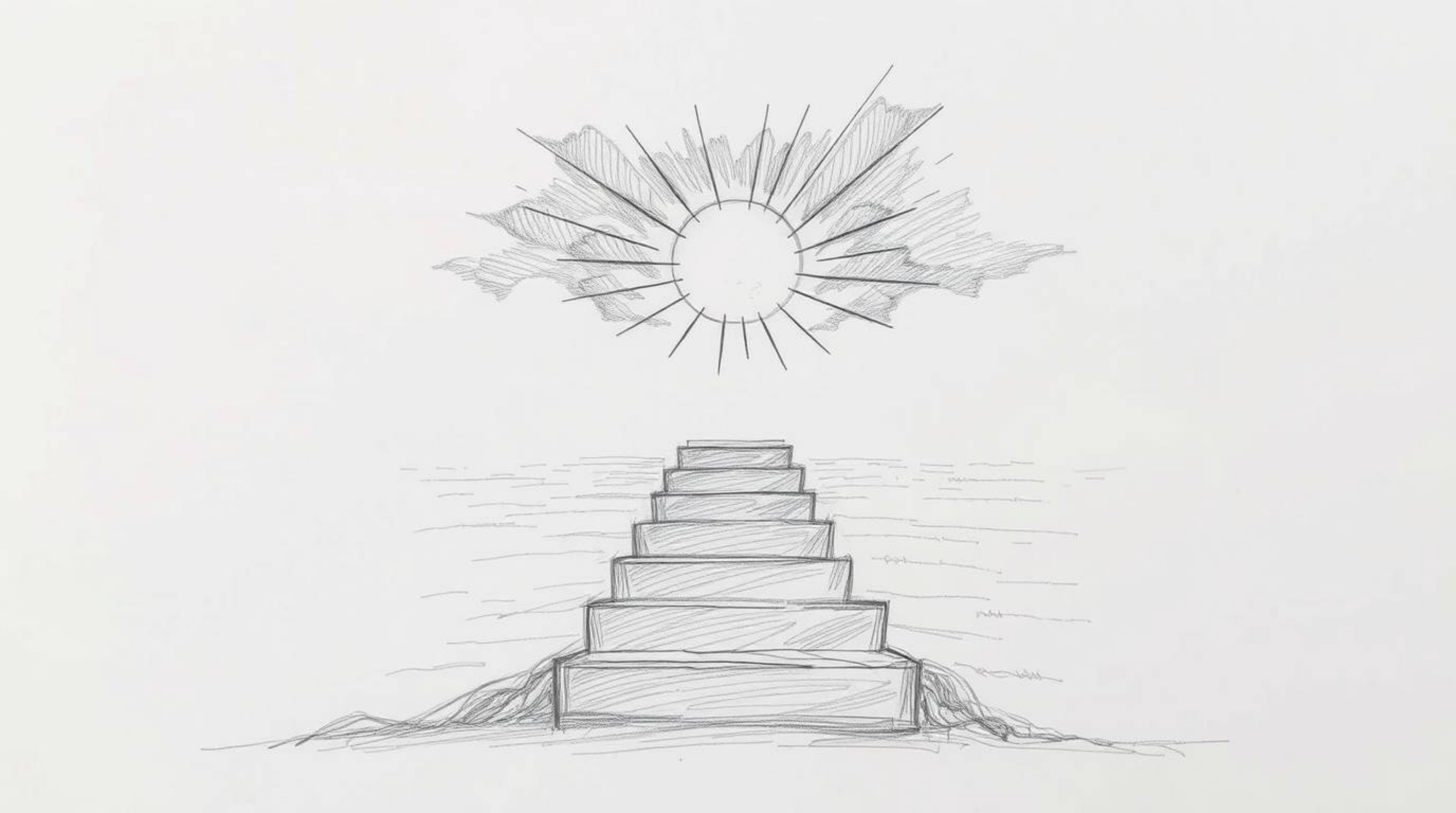A hand-drawn sketch depicting a dramatic staircase rising from the ocean towards a stormy, sunburst-lit sky. This epic and sy