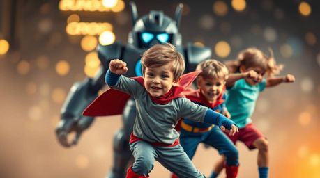 A trio of superpowered kids are sharply in focus as they battle a formidable robot against a beautifully blurred bokeh backgr