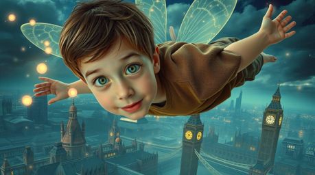 A young boy with wide, curious eyes is depicted flying above a surreal, dreamlike version of London, propelled by glowing pix