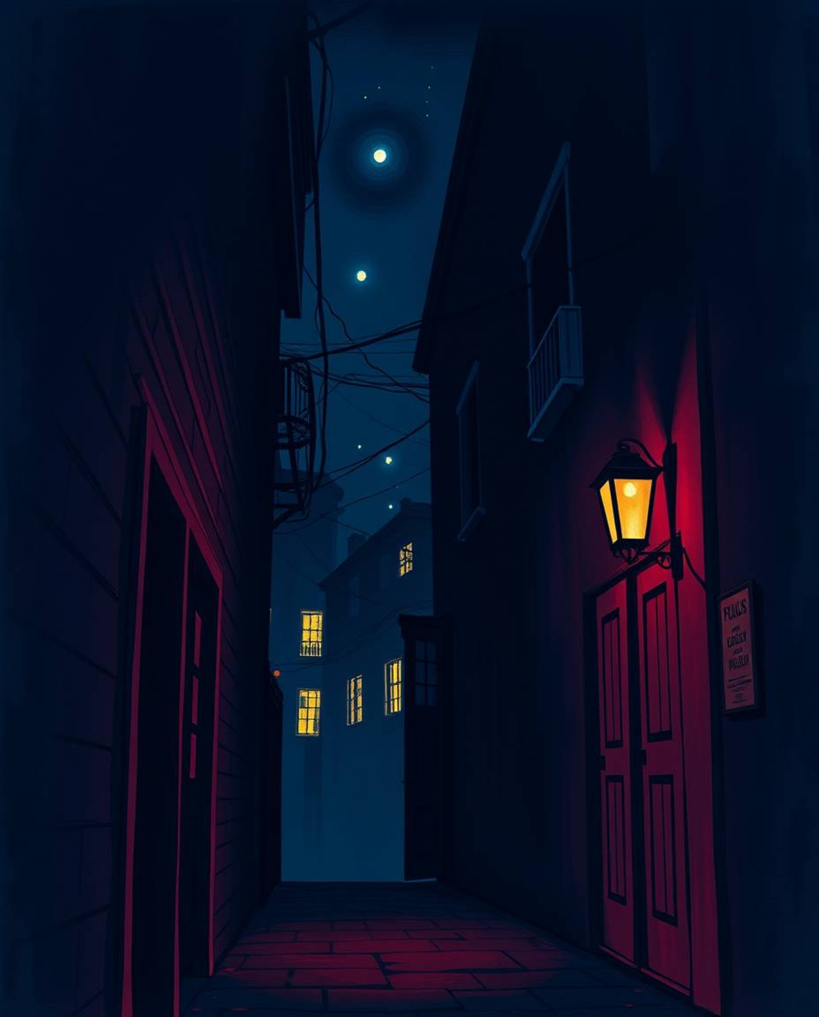 This sophisticated illustration captures a scene of intrigue and mystery. Rich burgundy and deep blue hues dominate the artwo