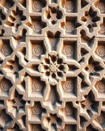 A mesmerizing close-up shot capturing the beauty of Islamic geometric patterns meticulously carved in stone. The image showca