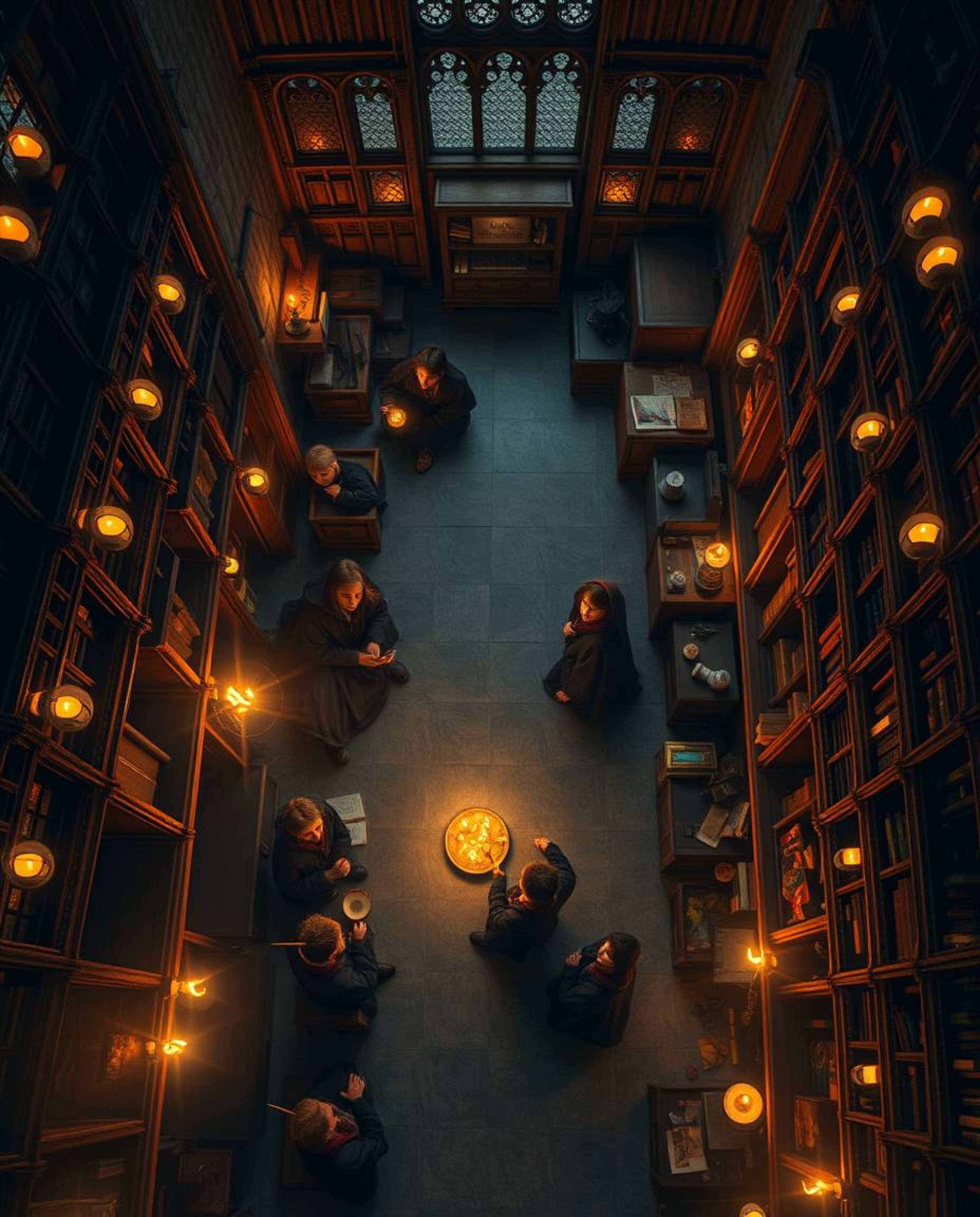 Experience a magical overhead view of a school filled with young wizards, bathed in the warm glow of candlelight and flickeri