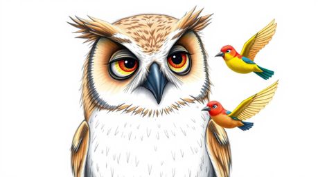 A heartwarming scene depicts a blind, elderly owl with expressive eyes and soft brown feathers, guiding brightly colored bird