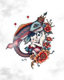 A vibrant and unsettling traditional tattoo art print depicting a friendship between a sea creature and a child. The design f