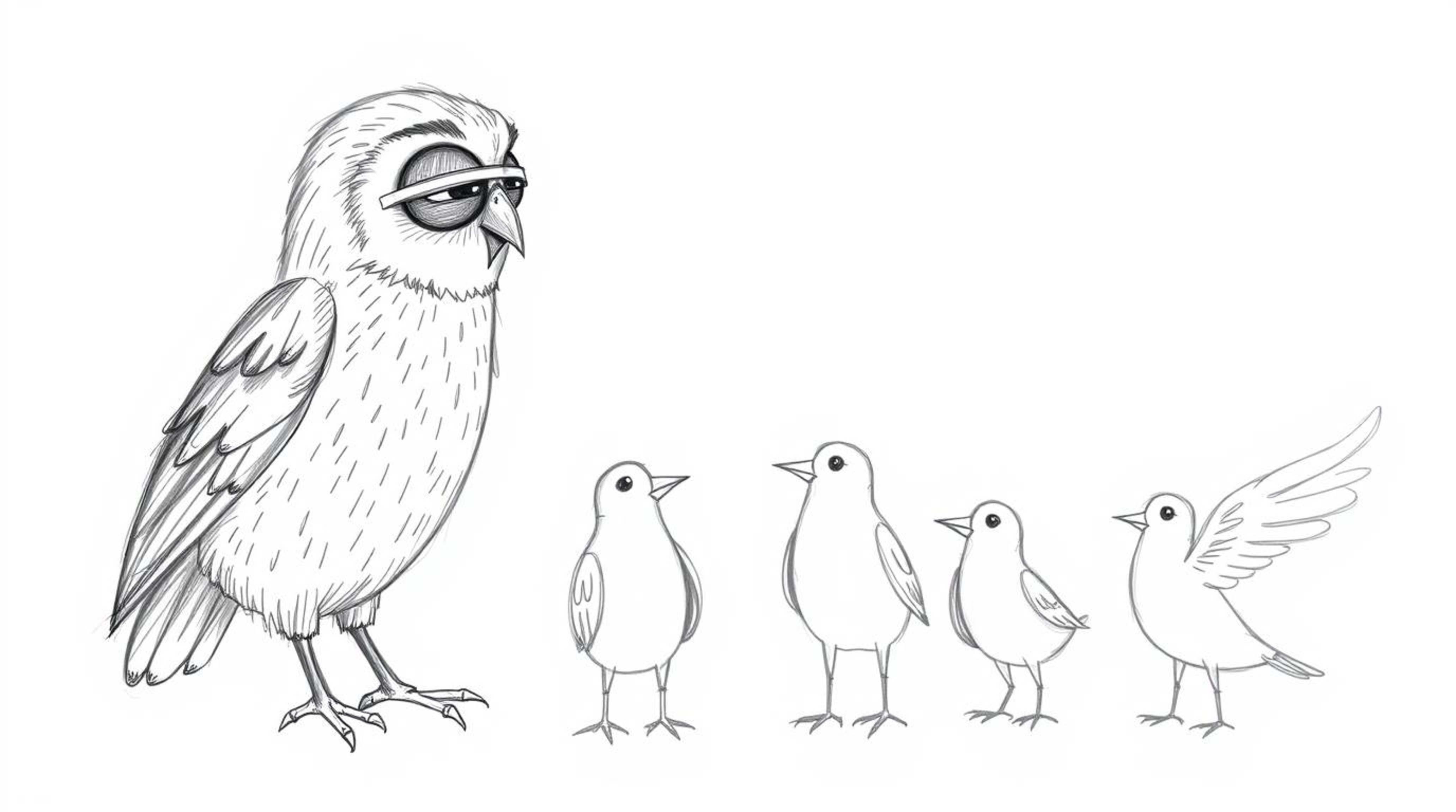 A heart-warming hand-drawn sketch in a Pixar-like style depicts a blind owl inspiring a group of birds to learn how to fly. T