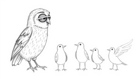 A heart-warming hand-drawn sketch in a Pixar-like style depicts a blind owl inspiring a group of birds to learn how to fly. T