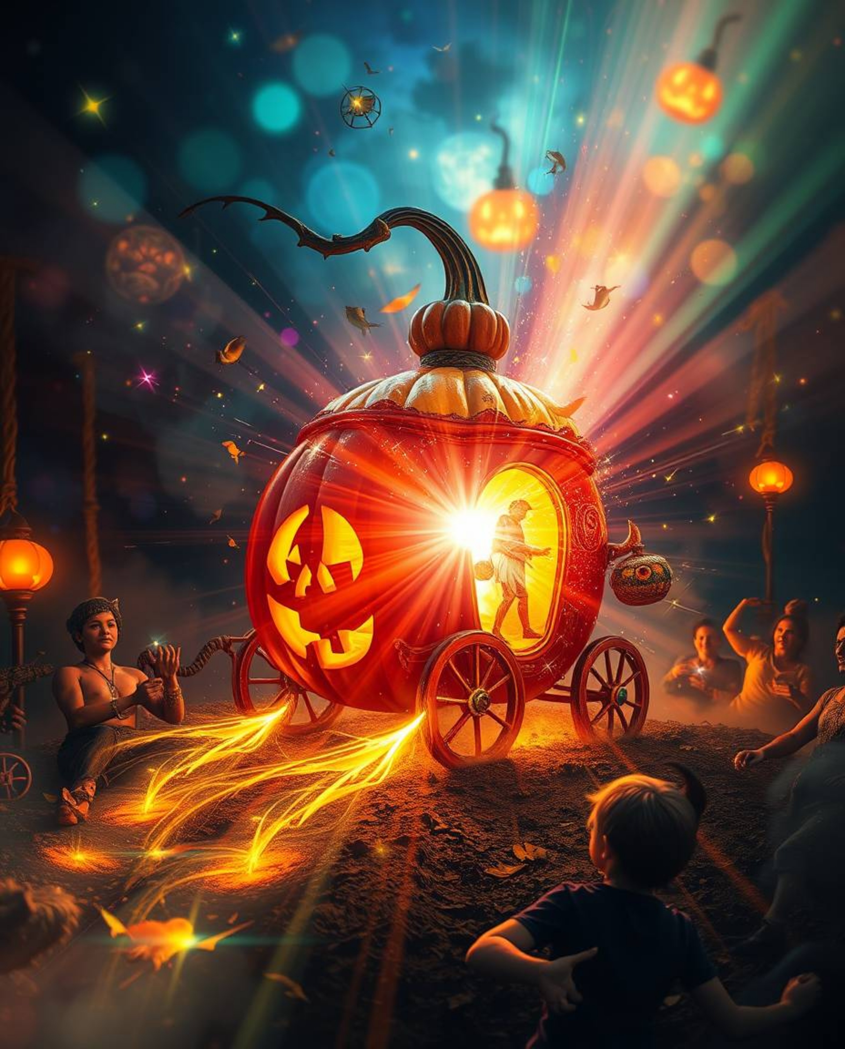 Experience a dreamlike, surreal image of a magical pumpkin undergoing a vibrant transformation into a stunning carriage. This