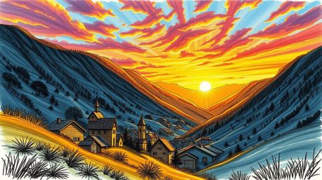 Capture the essence of a warm golden glow hand-drawn sketch featuring a cozy village nestled in a valley beneath a vibrant, c