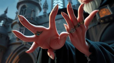 A captivating close-up reveals the intricate details of a classic Disney villain's hands as they cast a spell within the anci