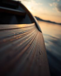 An extreme macro close-up captures a small boat gently drifting on a still lake at sunset. The soft light beautifully illumin