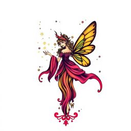 A captivating illustration of a fairy godmother, rendered in the style of vibrant, traditional tattoo art.  The design featur