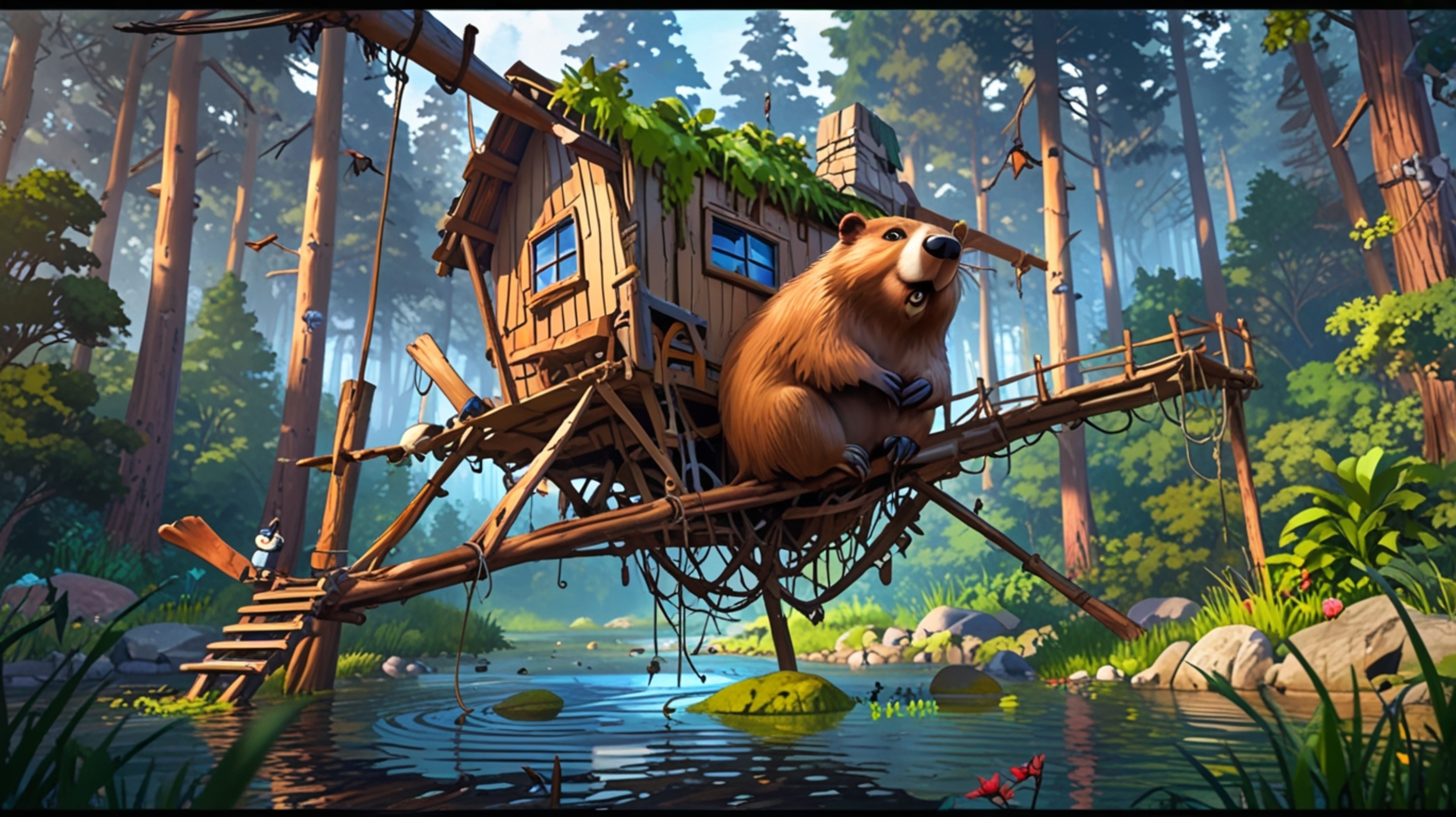 In a whimsical scene that blends the styles of Pixar and anime, a beaver is featured building the perfect treehouse for orpha