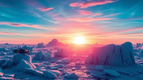 Experience a breathtaking scene of an electric sunset casting vibrant colors over icy polar glaciers. This futuristic sci-fi 