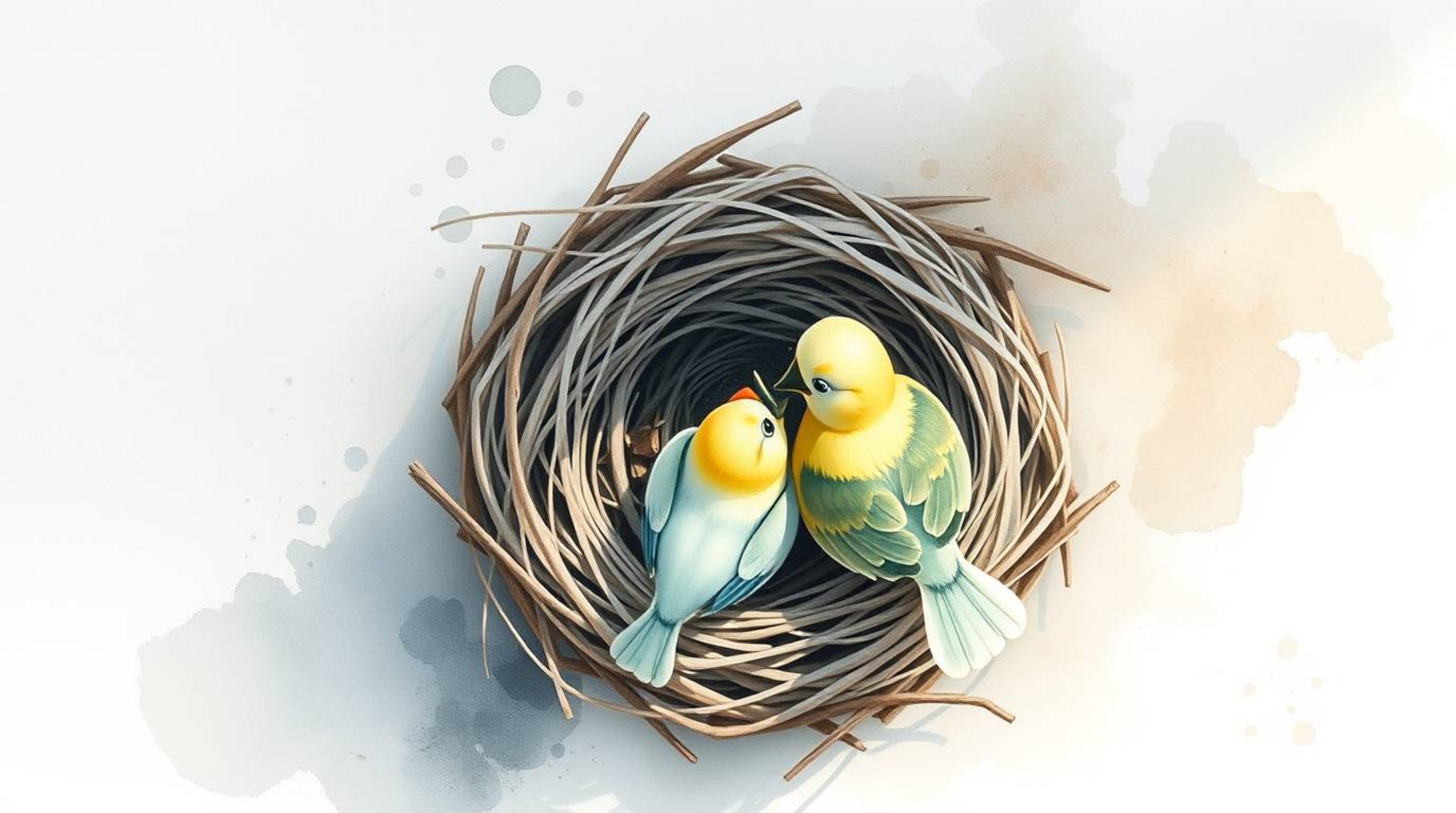 This artwork features a delicate watercolor painting in a bird's-eye view perspective, depicting two cartoon birds meticulous