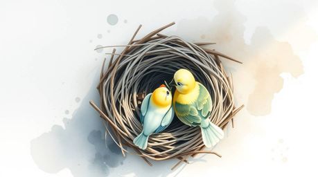 This artwork features a delicate watercolor painting in a bird's-eye view perspective, depicting two cartoon birds meticulous
