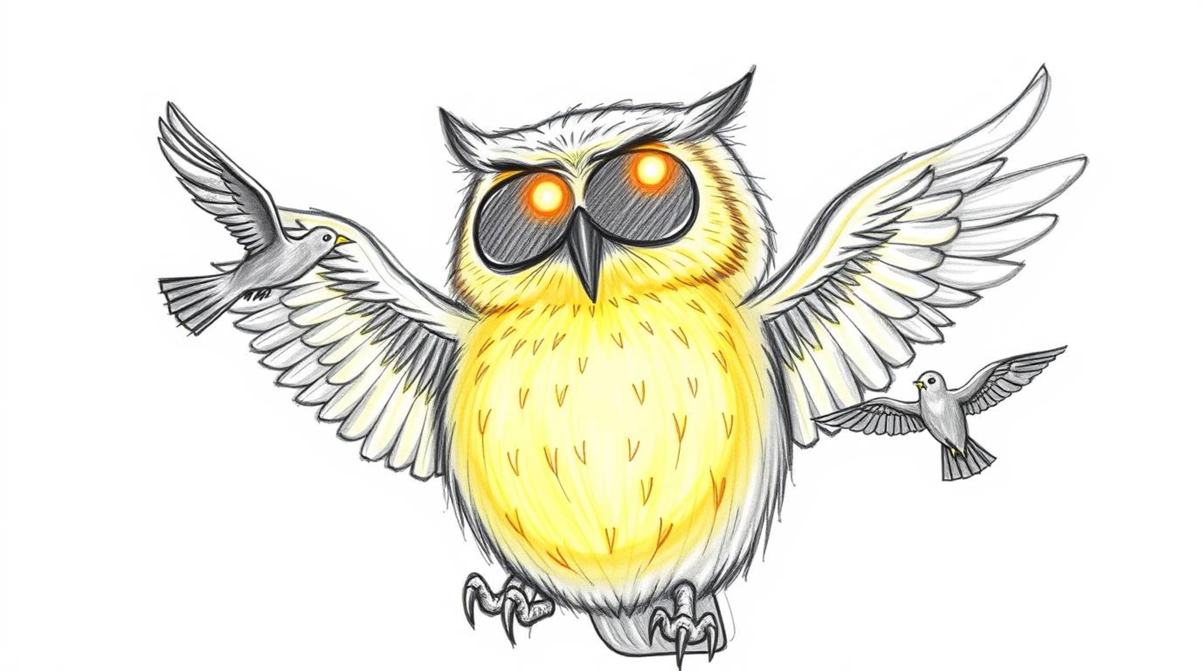 A heartwarming hand-drawn sketch in Pixar style depicting a blind owl with sunlit glowing feathers patiently teaching birds h