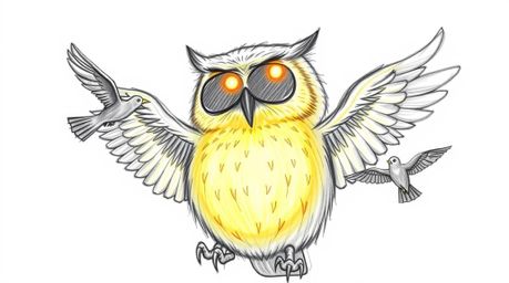 A heartwarming hand-drawn sketch in Pixar style depicting a blind owl with sunlit glowing feathers patiently teaching birds h
