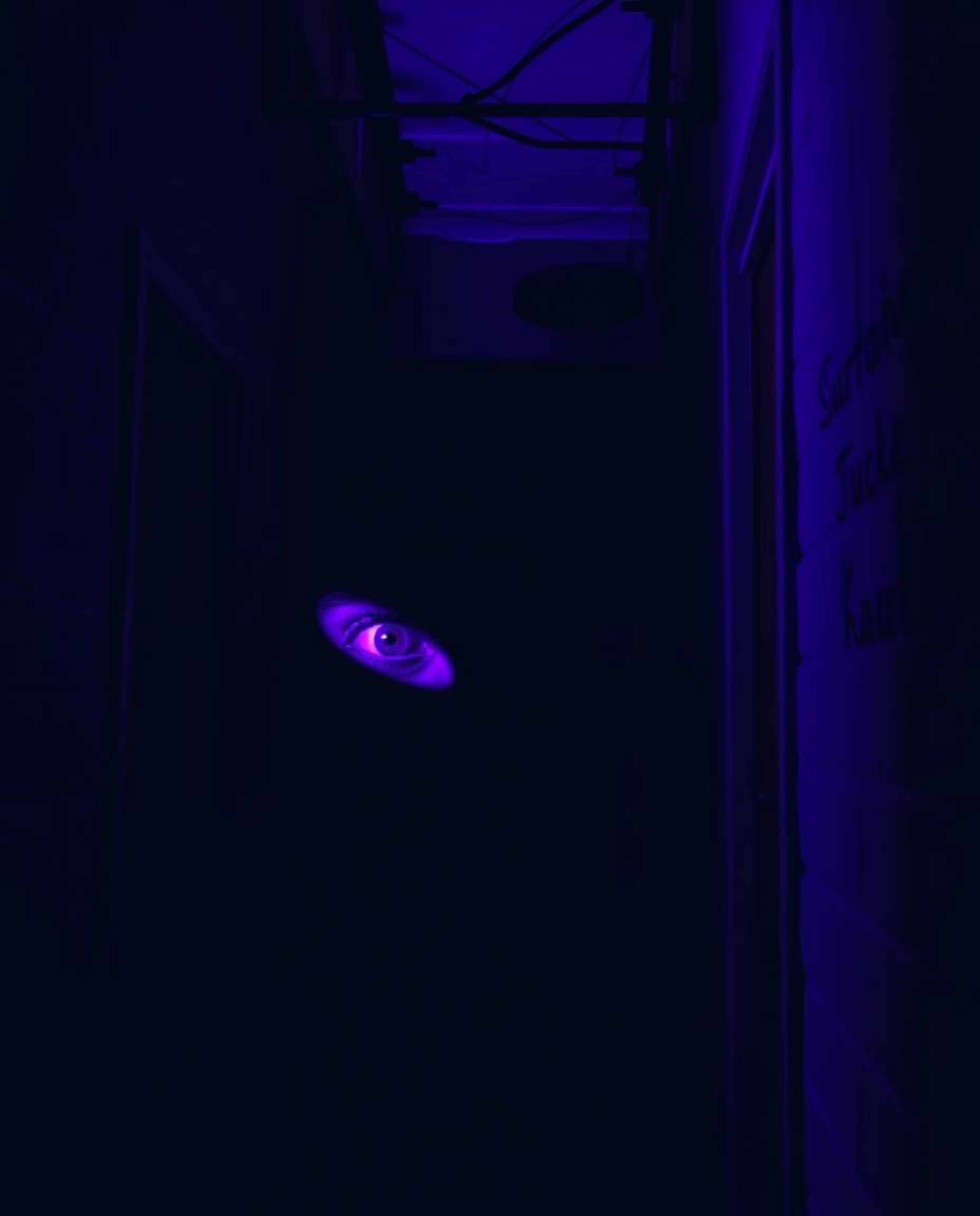Enter a chilling scene bathed in deep ultraviolet hues, where an eerie and creepy atmosphere pervades a shadowy night alley. 