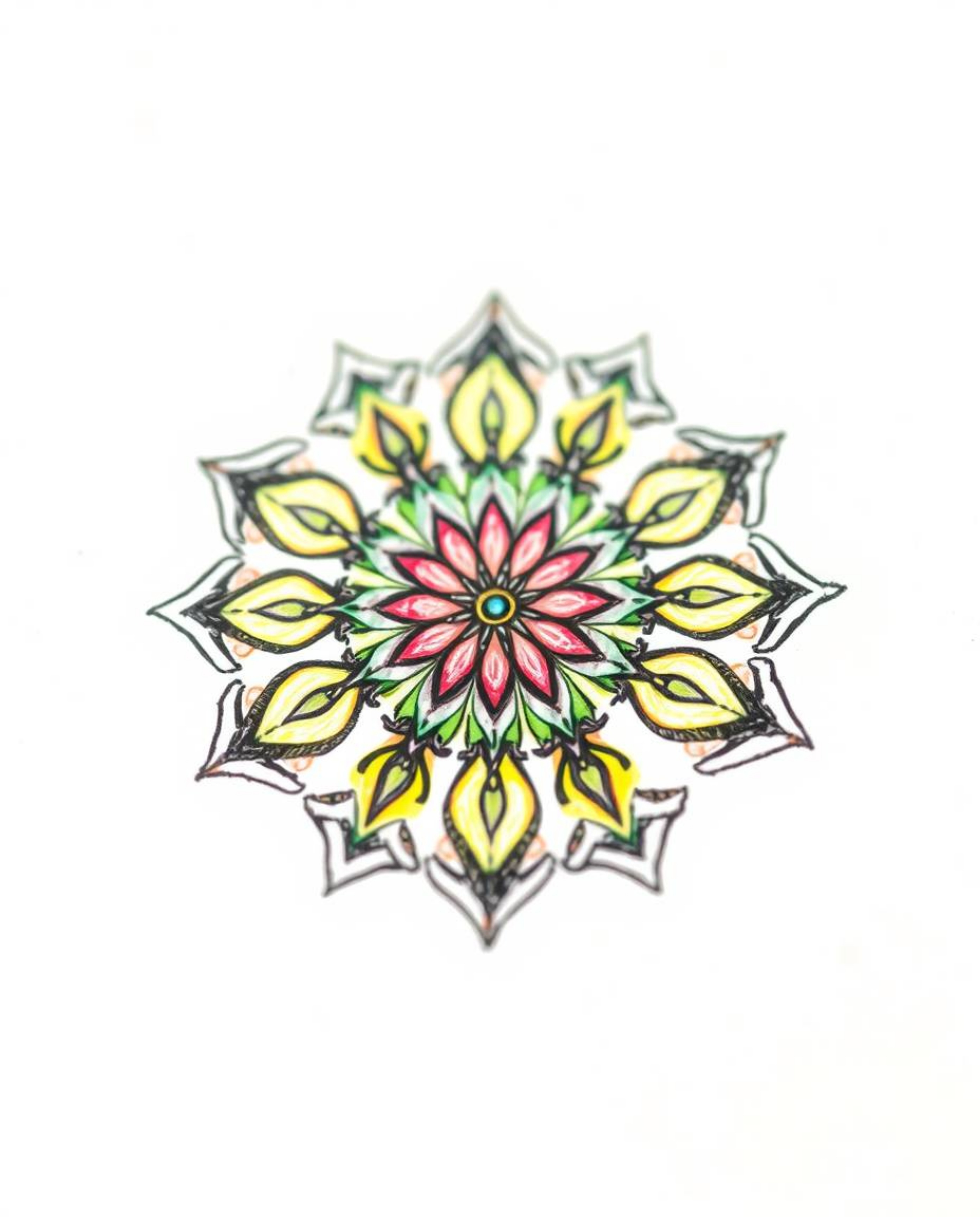 A captivating hand-drawn sketch of a geometric floral mandala bursts with vibrant colors.  Its symmetrical design is sharply 