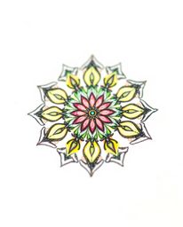 A captivating hand-drawn sketch of a geometric floral mandala bursts with vibrant colors.  Its symmetrical design is sharply 